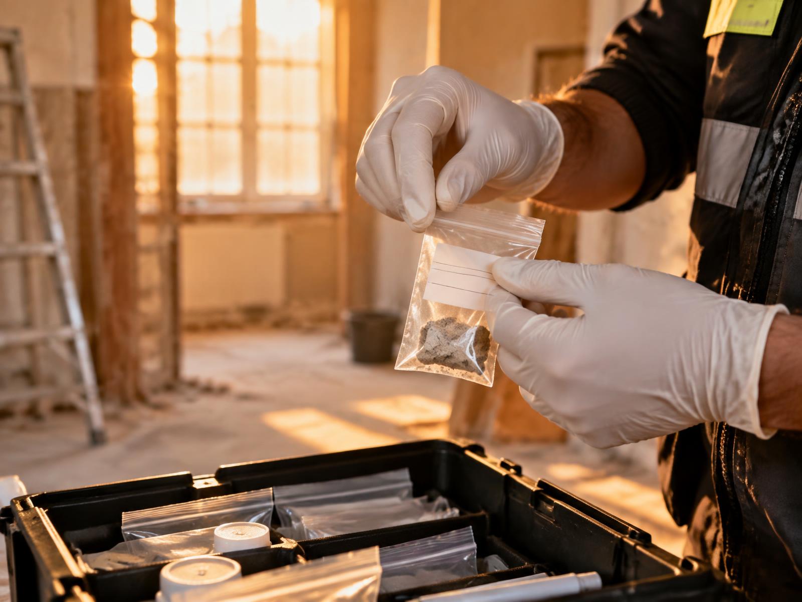 Certified EnviroCheck Labs sampler sealing a labeled asbestos sample into a chain-of-custody case